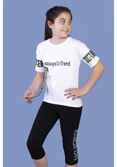 Toontoy Kids Toontoy Kız Çocuk Şerit Detaylı Renkli Baskılı Taytlı Takım Ekru