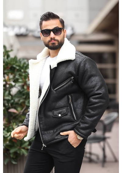 Erkek Biker İçi Kürüklü Ceket/mont Siyah Beyaz Biker