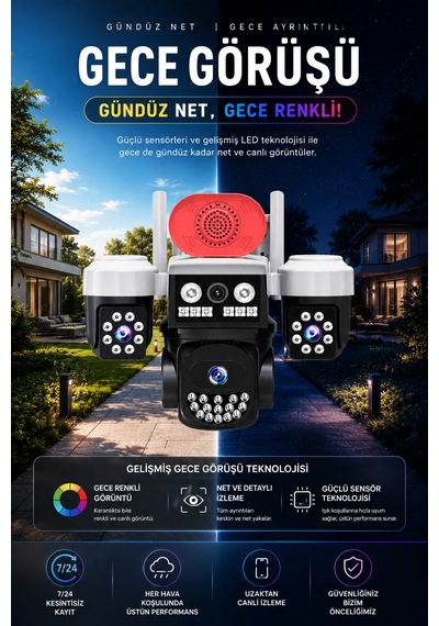 3 Kameralı Wifi Adaptörlü 12mp Hareket Algılamalı Gece Görüşlü Güvenlik Kamerası