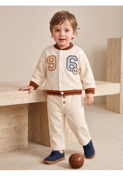 Zekids Erkek Bebek Ekru Kadife Düğme Detaylı Pantolon-17454