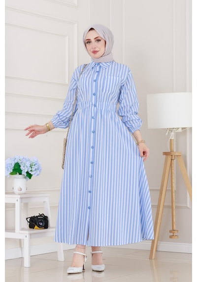 Sevitli Çizgili Cepli Tesettür Elbise-mavi-5137 Mavi