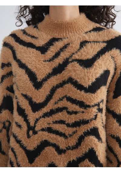 Lcw Modest Kahverengi Dik Yaka Leopar Desenli Kadın Triko Tunik