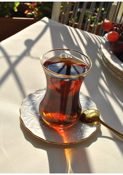 12 Parça Yaldızlı Cam Çay Takımı Porselen Çay Seti Çay Bardağı - Pera 6 Kişilik Şeffaf