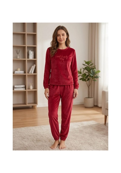 Kadın Uzun Kollu Manşetli Likralı Soft Kadife Pijama Takımı Kırmızı