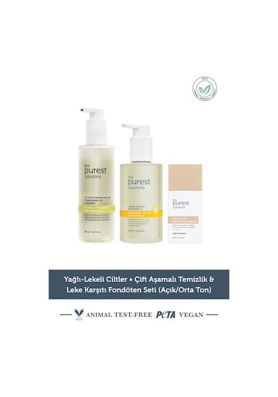 The Purest Solutions Yağlı-Lekeli Ciltler • Çift Aşamalı Temizlik & Leke Karşıtı Fondöten Seti (Açık/Orta Ton)