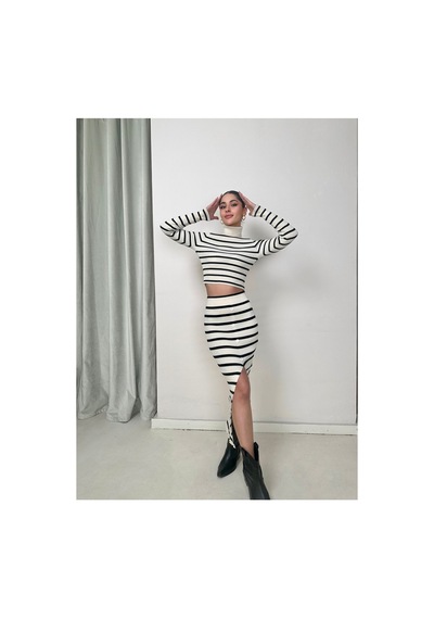 Munora Butik Balıkçı Yaka Çizgili Alt Üst Beyaz Takım Beyaz Beyaz