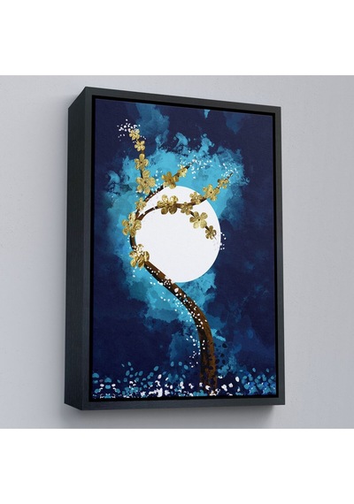 Çerçeveli Altın Çiçekli Ağaç Ve Ve Ay Kanva Tablo, Soyut Çağdaş Sanat Örneği-4971