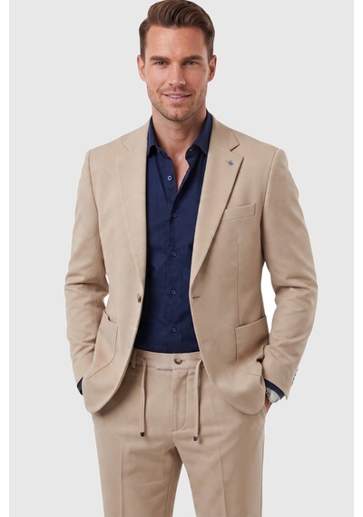 Deepsea Bej Premium Çizgi Dokulu Slim Fit Likralı 2 Li Erkek Takım Elbise 2600821