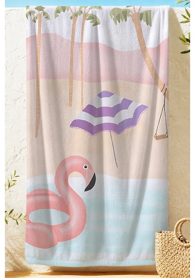 Flamingo Tropikal Palmiyeli Çocuk Plaj Havlusu - Pastel Pembe Modern Hızlı Kuruyan Mikrofiber Havlu Çok Renkli