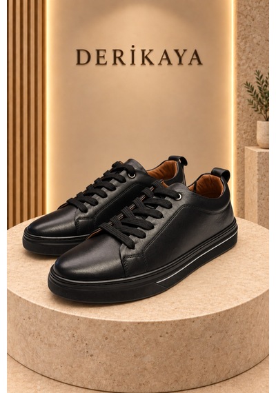 Deri Kaya Erkek Minimal Tasarım Bağcıklı Günlük Sneaker Spor Ayakkabı Siyah