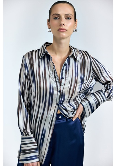 Sateen Desenli Salaş Gömlek - Lacivert-137339
