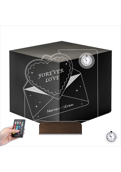 Luvivia Kalp Forever Love Sevgiliye Hediye Zarf Mesajlı Kişiye Özel Metal Saatli 3d Lamba - Masa Gece Lambası