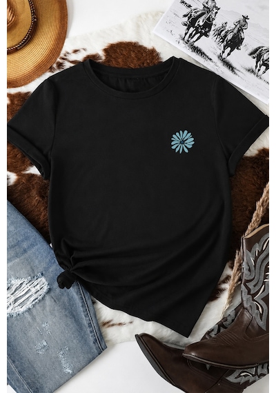 Spoyi Colorful Daisy Tasarımlı %100 Pamuk Yarım Oversize Siyah T-shirt