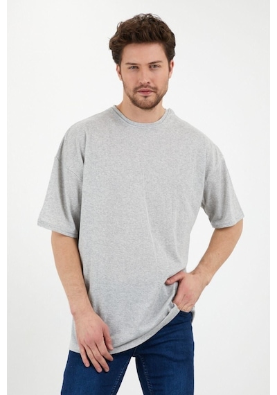 Düz Basic T-shirt - Gri Oversize Bisiklet Yaka Kısa Kol Tişört Gri