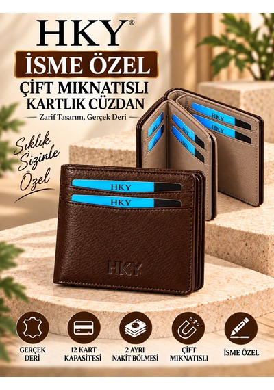 Hky İsme Özel Hakiki Deri Çift Mıknatıslı Erkek Cüzdan Kartlık Kahverengi - Vizon