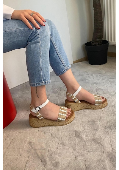 Preshley Kadın Eftal Beyaz Hasır Detay Kalın Mantar Taban Ortopedik Sandalet K-230