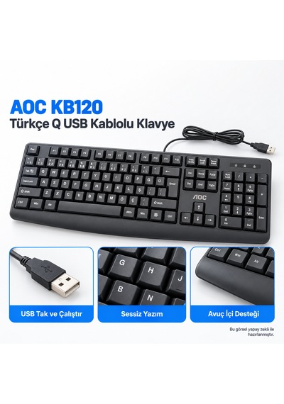 Aoc Kb120 Türkçe Q Usb Kablolu Sessiz Klavye Siyah