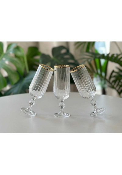Çnr Home Collection Bohemia Kristal Optik Kadeh Seti 6 'lı Gerçek Altin Yaldiz Ağizli Şik Cam Kadeh Gold