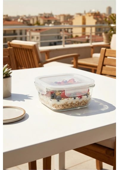 Lav Fresco Cam Saklama Kabı Tekli Küçük Boy 375 Ml Kare Beyaz Kilitli Kapak Şeffaf