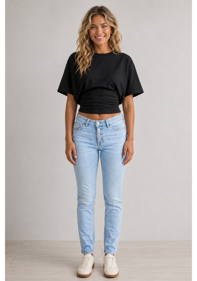 Overmax Bele Oturan Oversize Kollu Premium Crop Bluz Siyah - 880759104 Siyah