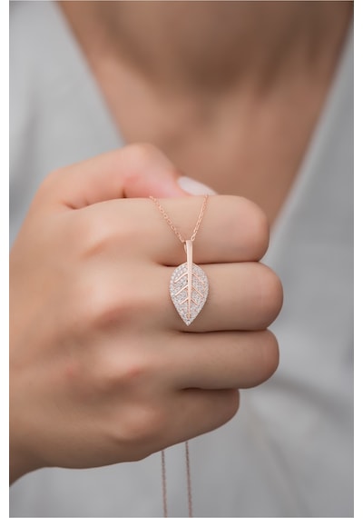 925 Ayar Gümüş Rose Zirkon Taşlı Yaprak Kolye Rose Gold