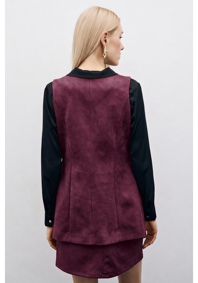 Sateen Düğmeli Uzun Süet Yelek - Mürdüm-135508 Mürdüm