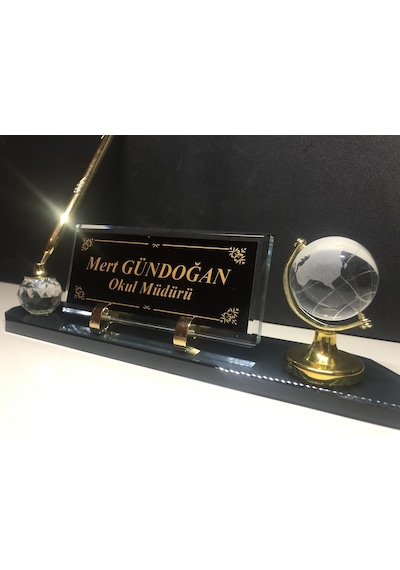 Cam Masa İsimliği Masaüstü Kişiye Özel Füme Gold Yazı Seti