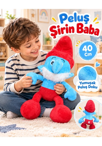Oyuncak Peluş Şirinler Şirin Baba-şirine-gözlüklü Şirin-gülen Şirin Sevimli Oyun Arkadaşı Hediyelik 40 Cm Kırmızı - Mavi