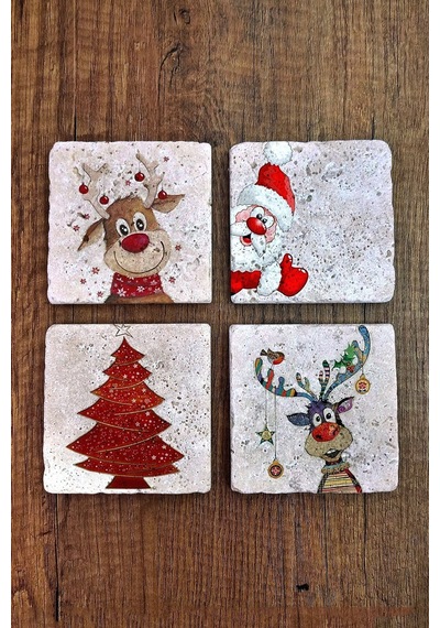 Yeni Yıl - Yılbaşı Doğal Taş Bardak Altlığı Uv Baskılı 4'lü Set - Stone Coasters Çok Renkli