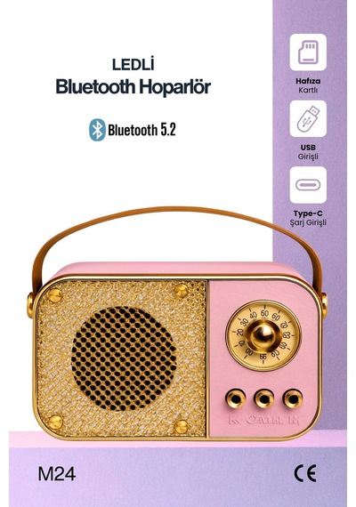 Nostaljik Bluetooth Hoparlör Bluetooth 5.2 Usb & Tf Kart Destekli Led Taşınabilir Speaker Pembe