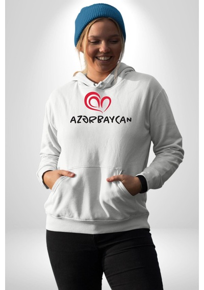 Azerbaycan Seviyorum I Love Azarbaycan Kadın Erkek Beyaz Kapüşonlu Sweatshirt Hoodie Beyaz