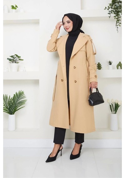 Kruvaze Yaka Bondit Kumaş Trençkot / M0106 - Camel Metalik Camel