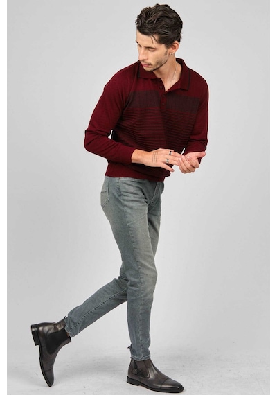Desen Triko Erkek Desenli Polo Yaka Yün Kazak 0249642 Bordo
