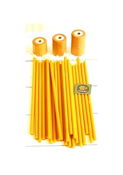 50 Adet Balmumu Mum Ve 3 Adet Özel Dizayn Ahşap Silindir Mumluk Dilek Mumu Doğal Petek Mum Beeswax Candle Sarı Çok Renkli