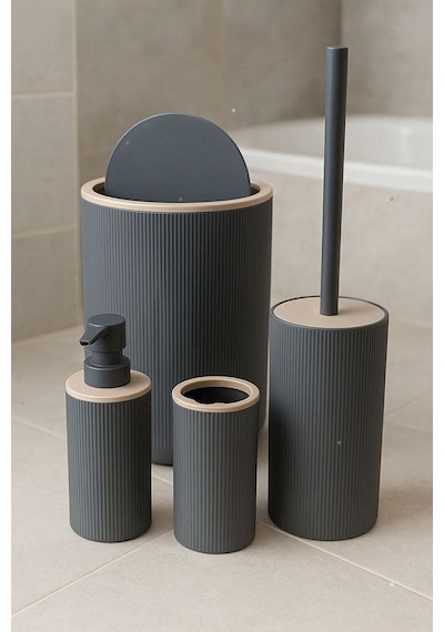 Arvale Quardi Banyo Seti Modern Çizgili - 7 Litre Kova 4 Parça Banyo Çöp Kovası Seti Gri