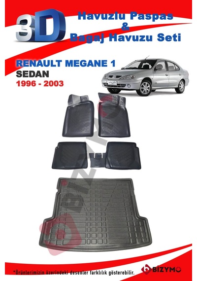 Renault Megane 1 Sedan 1996-2003 3D Havuzlu Paspas Ve Bagaj Havuz Siyah