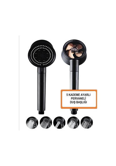 Turbo Fan Pervaneli 5 Fonksiyonlu, Start/stop Düğmeli Su Tasarruflu Duş Başlığı, El Duşu Siyah/gold Diğer