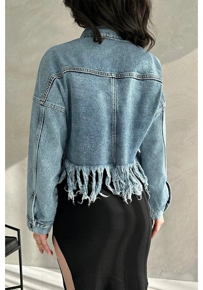 Nido Moda Püskül Detaylı Denim Crop Ceket Mavi