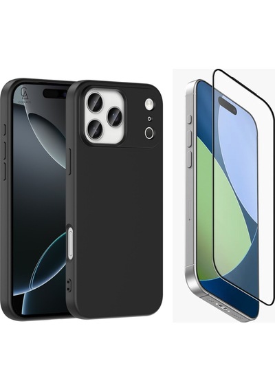Apple Uyumlu iPhone 17 Pro Içi Kadife Lansman Kılıf Ve Mat Seramik Tam Kaplayan Cam Ekran Koruyucu Siyah