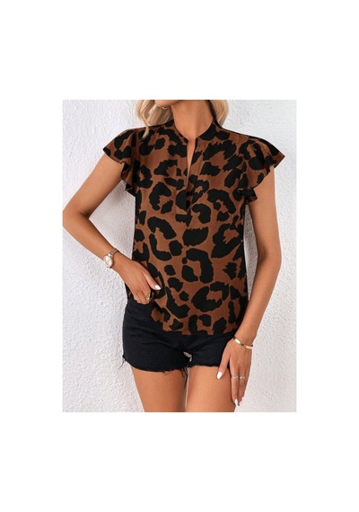 Butik İstanbul Kadın Kısa Fırfır Kollu V Yakalı Leopar Desenli Süprem Bluz Kahve