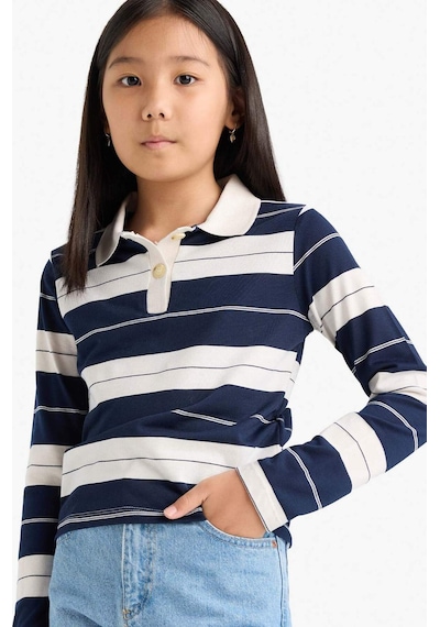 Defacto Kız Çocuk Fitted Polo Yaka Çizgili Uzun Kollu Tişört F2253a825aunv42 Lacivert