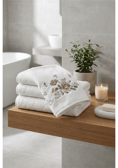 Bambu Pamuk Çiçek Nakışlı 50 X 90 Cm Nakışlı El Havlusu Açık Bej