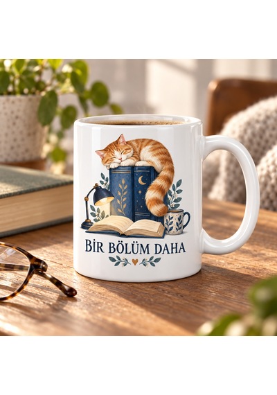 Bir Bölüm Daha Kitap Ve Uyuyan Kedi Tasarımlı Porselen Kupa Diğer