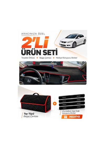 Honda Cıvıc Fb7 2011-2015 Uyumlu Torpido Örtüsü + Tay Tüyü Bagaj Çantası + Sticker - Siyah Kırmızı