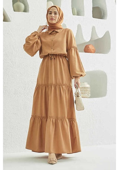 Neways 6567-carla Büzgülü Elbise Camel