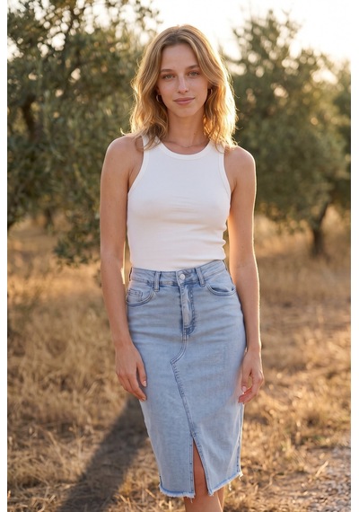 Soulshae Mavi Yüksek Bel Yırtmaçlı Denim Kalem Midi Etek Mavi 1