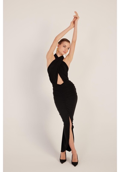 Holly Lolly Drape Detaylı Sırtı Açık Yırtmaçlı Uzun Marie Elbise Siyah
