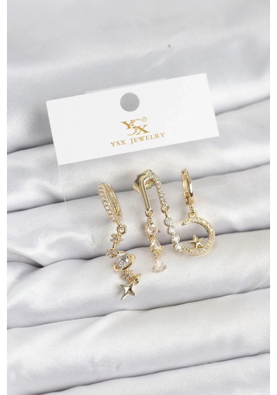 Ceylan Adam Pirinç Gold Renk Zirkon Taşlı Uzay Model Ysx Trio Küpe Seti Çok Renkli