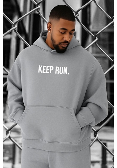 Benroma 3 İplik Penye Keep Run Baskılı Büyük Beden Sweatshırt Çok Renkli