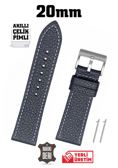 20mm Lacivert Floter Spor Hakiki Deri Saat Kordonu Kayış Akıllı Pimli